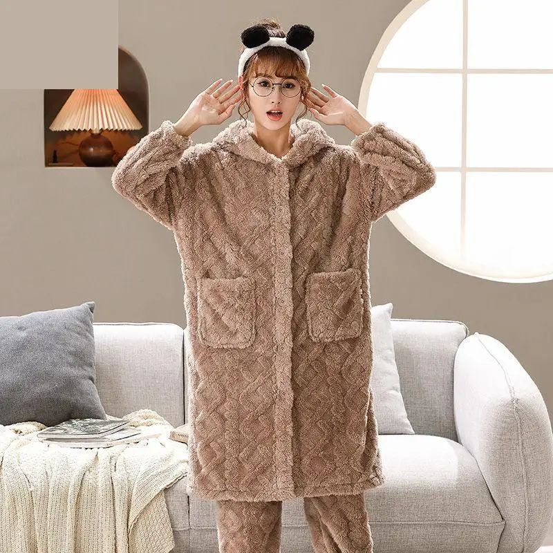 

Lady Warm Pajamas Set Long Sleeve Robe&Pants Coral Fleece 2PCS Sleepwear Casual Loungewear Pijamas Suit Hooded Home Clothing