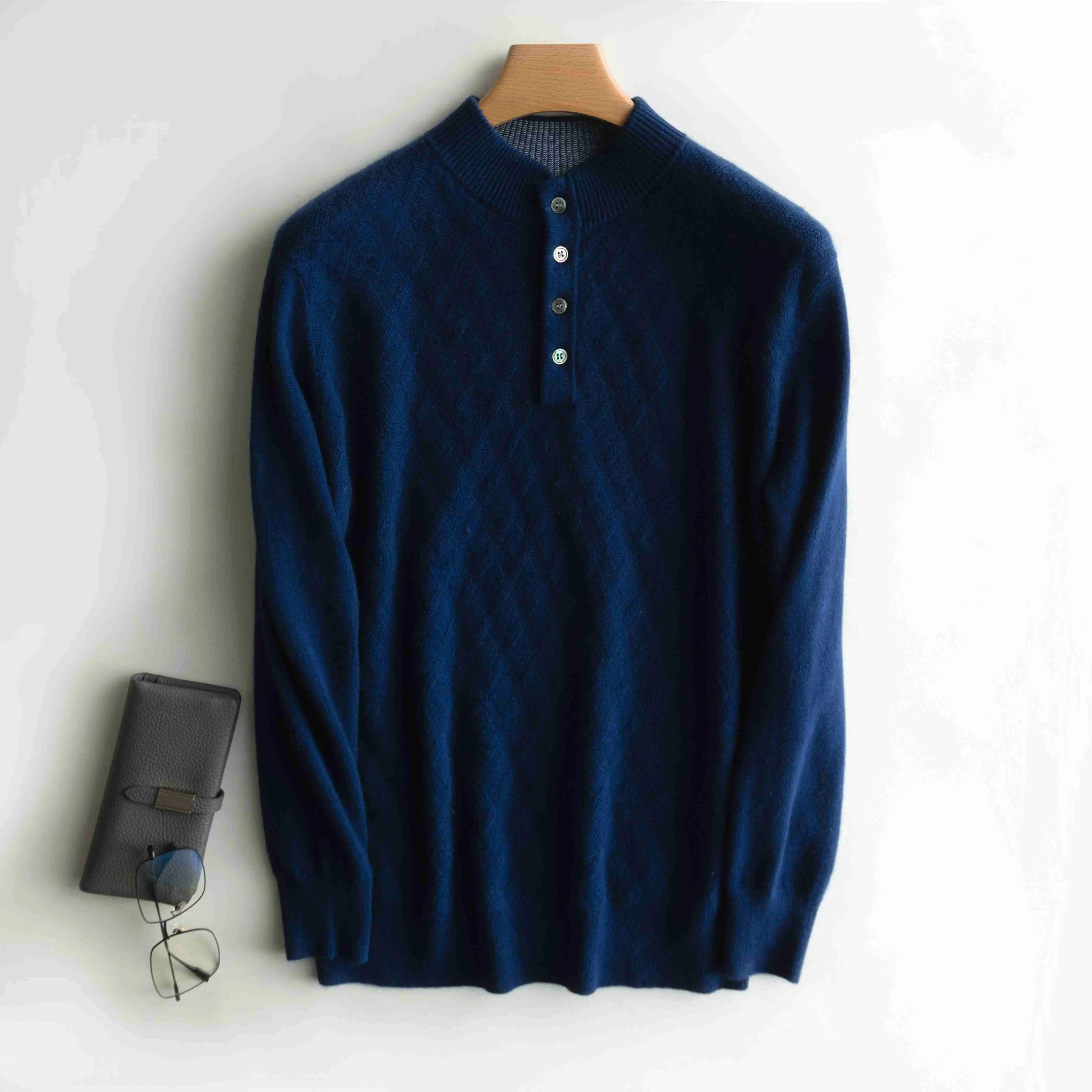 100% Cashmere Knitted Jumpers  2021 Mat Pattern New Fashion Autumn/Winter Men Sweaters Warm Half High Collar 4Colors Male Tops