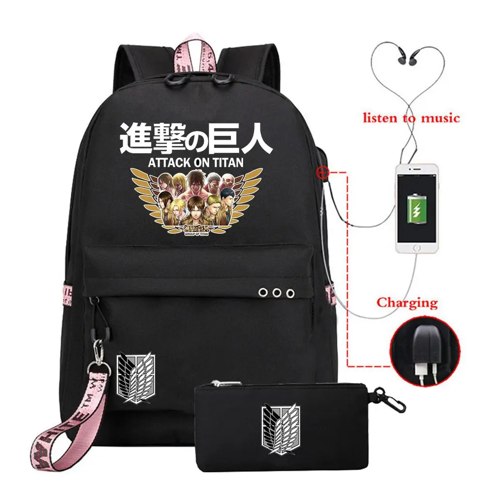 

2PCS shingeki no kyojin Survey Corps Fashion Backpack + Pencil Bags Student School Bag Kids Teens Travel Shoulder Bags Mochila