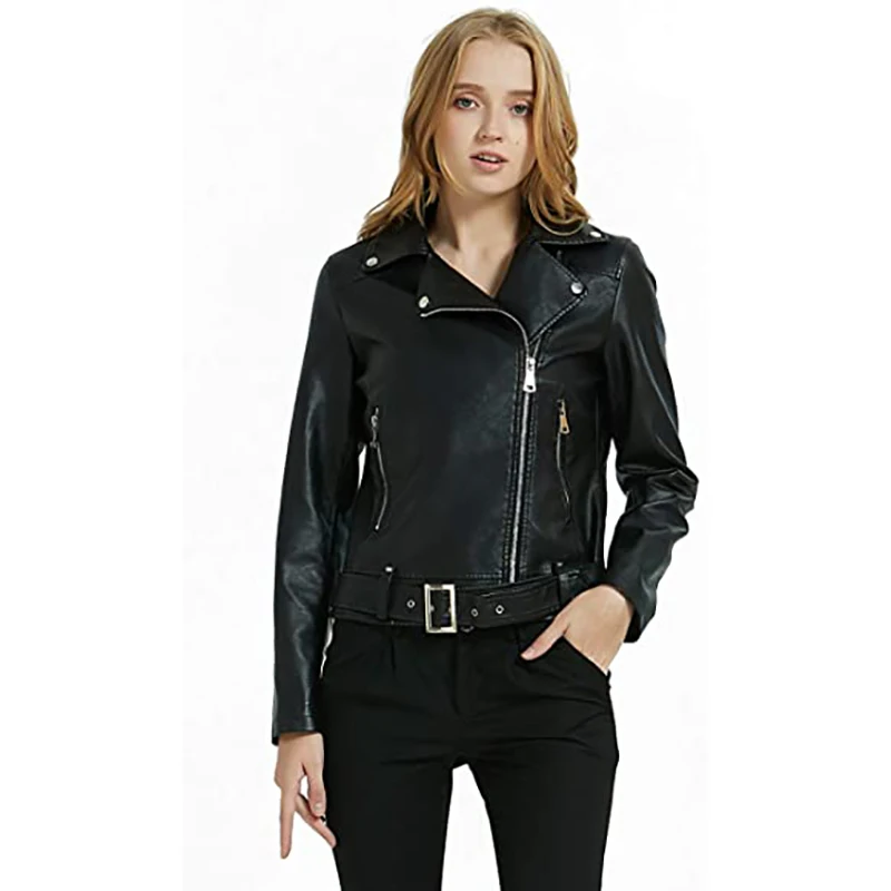 Giolshon mulheres motocicleta do falso casaco de couro fino com cinto primavera outono inverno bf estilo pu outerwear casual