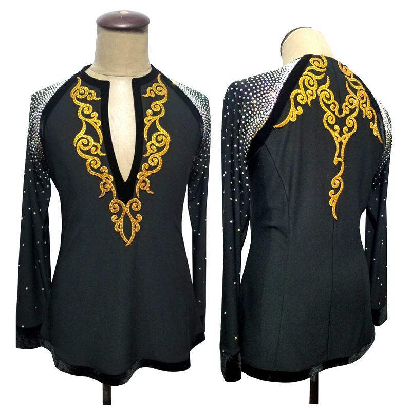 Latin Dance Competition Shirts Men Rhinestone Long Sleeve Tops Gold Printed Ballroom Cha Cha Performance Dance Costume DNV14716