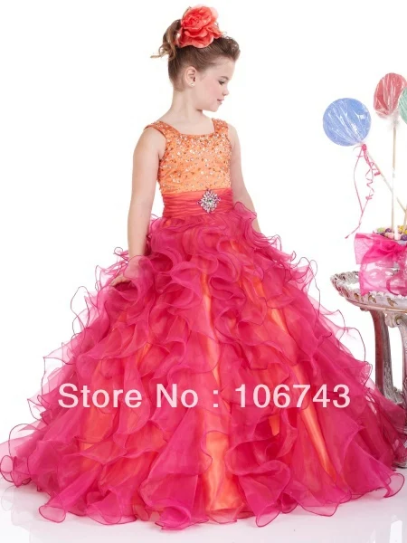 

free shipping 2016 Lovely Fuchsia/Peach Organza Little Girl Pageant Dress Girls Celebration Dresses Flower Girl Dresses