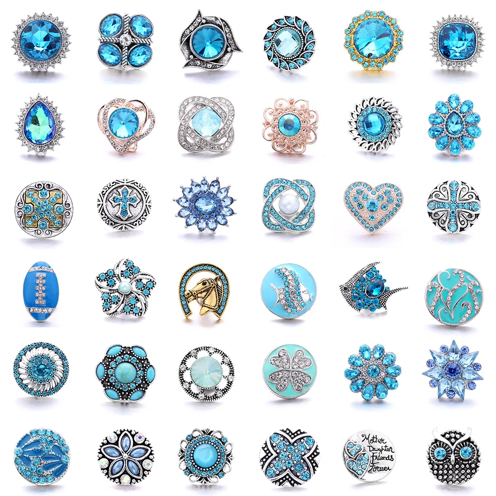 

5pcs/lot New Snap Jewelry Light Blue Crystal Tree Fish Heart Snap Buttons DIY Ginger Charms Fit 18mm Snap Button Bracelet Bangle