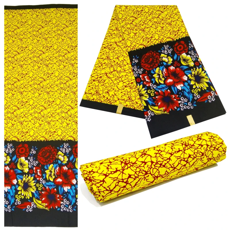 2020 High Quality African Wax Print Fabric For Women Dress Yellow 100% Polyester Real Nederlands Wax Floral Print Fabric 6 Yards