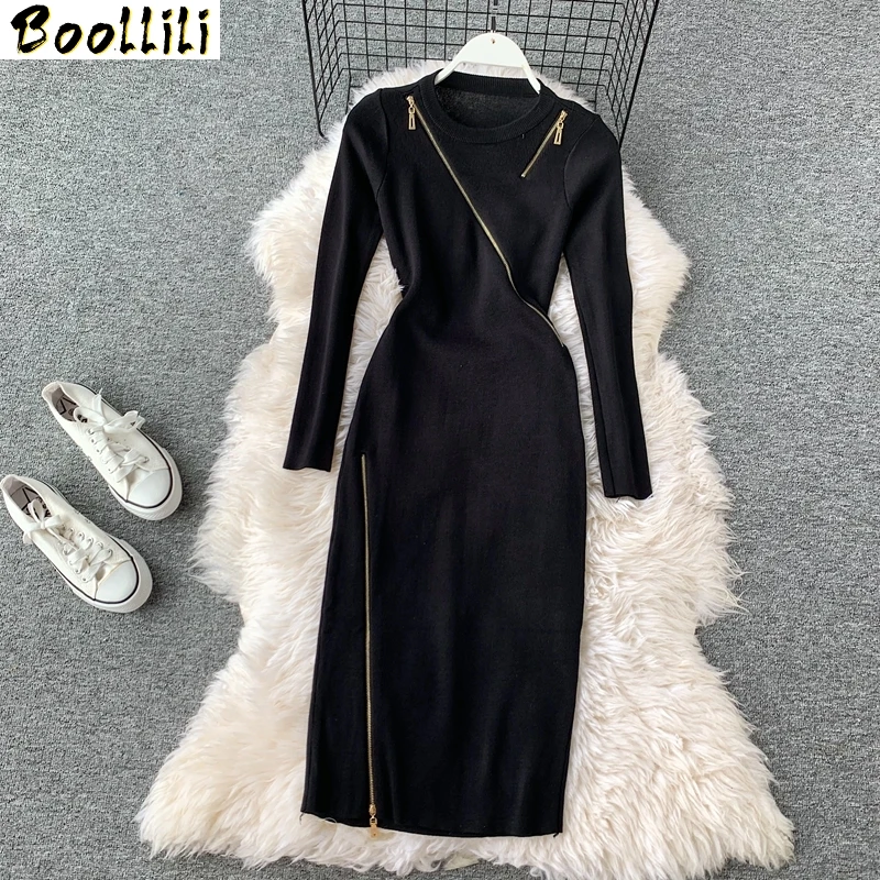 New Boollili 2023 Knitted Dress Women Korean Sweater Autumn Winter Dress Long Sleeve Bodycon Dress Elegant Vestidos