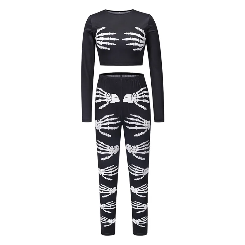 Autumn Black Sexy Skeleton Print Two Piece Set for Adult Women Carnival Halloween Party Scary Cosplay Skeleton Ghost Costume