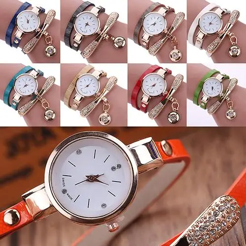 Moda feminina fina pulseira de couro falso relógio strass dial analógico relógio de pulso de quartzo com pingente de diamante com broca dial ladi