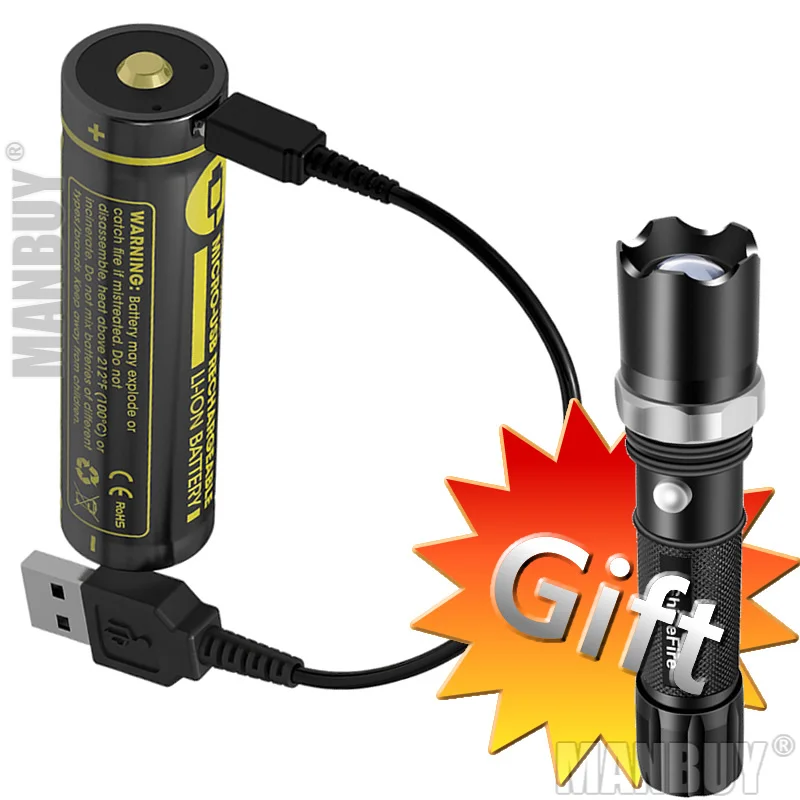 NITECORE 3500mAh High Performance Rechargeable Li-ion Battery Button Top 18650 Protected  NL1835R +USB Cable + Flashlight