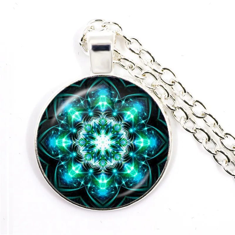 Charm Mandala Art Picture Glass Necklace Buddhism Chakra Om India Yoga Symbol Crystal Pendant Flowers Jewelry for Men Women