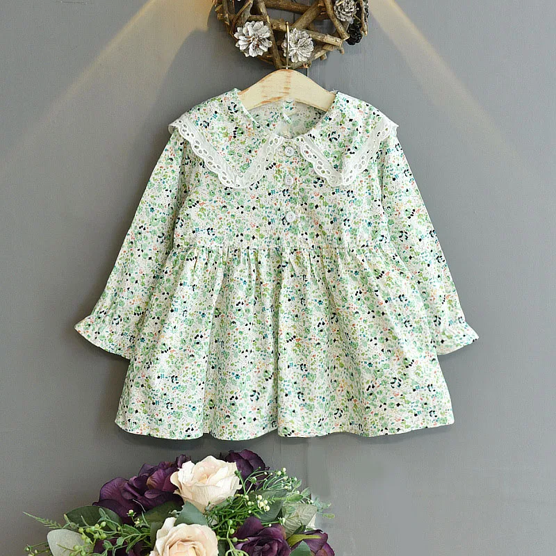 Spring Autumn Girls' Dress Pastoral Lace Lapel Flora Long Sleeve Sweet Princess Dress Korean Style Baby Kids Children'S Clothing