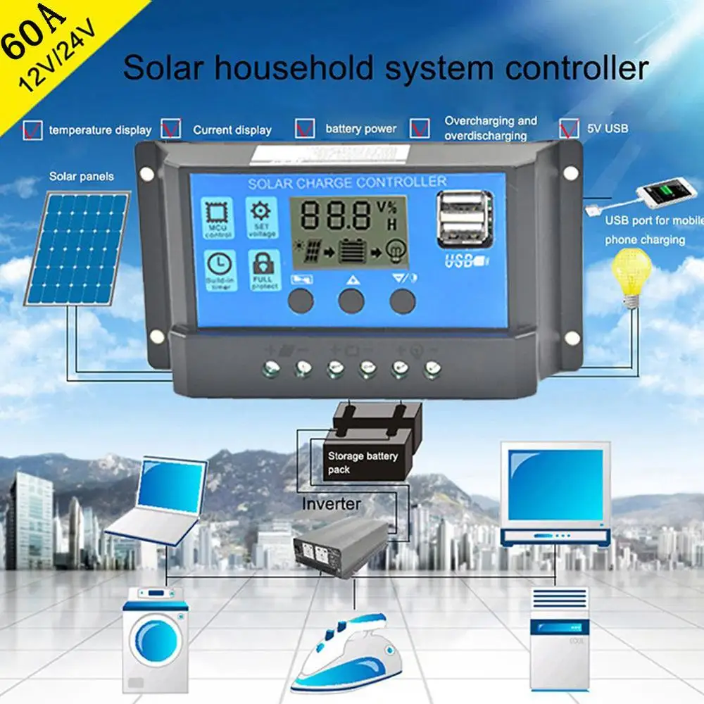 Controlador de cargador de Panel Solar 60A 12V/24V, regulador de batería, controlador de sistema Solar con pantalla LCD USB Dual, gran oferta