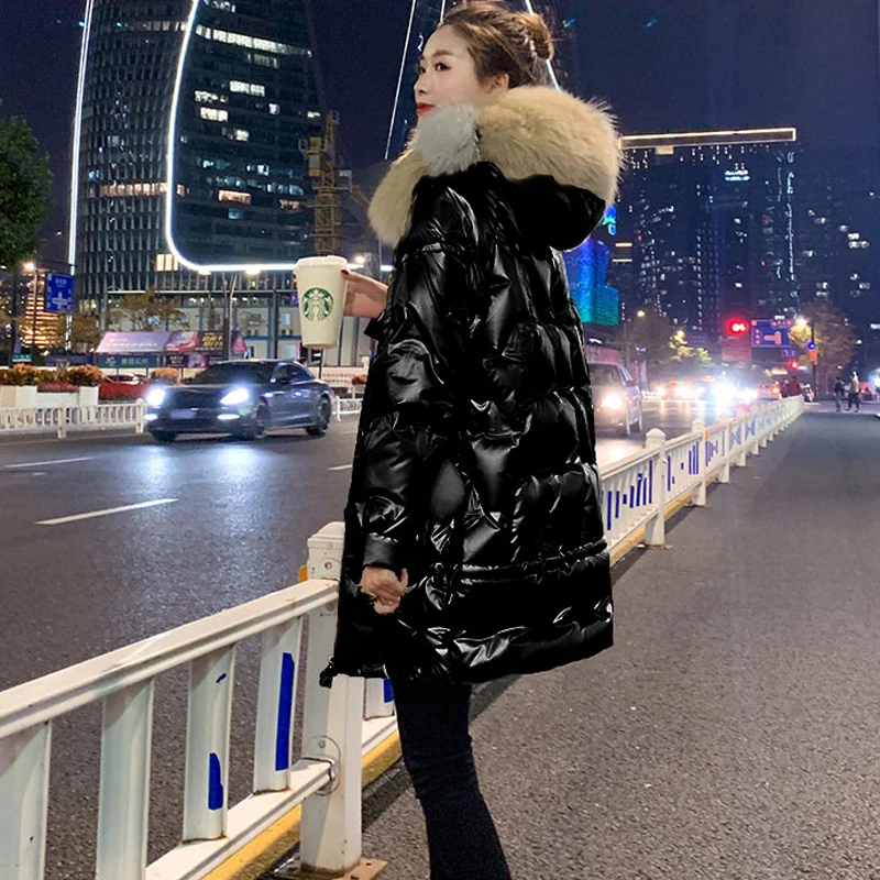 Maternity Winter Long Windbreaker Bright Face Down Padded Jacket Pregnancy Woman Hooded Thicken Loose Parkas With Big Fur Collar