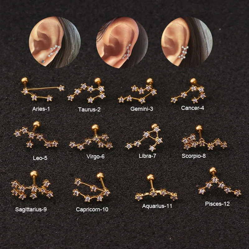 1Pc 12 Constellation Stainless Steel Ear Piercing Jewelry Crystal Zircon Cz Cartilage Tragus Helix Lobe Screw Back Stud Earring