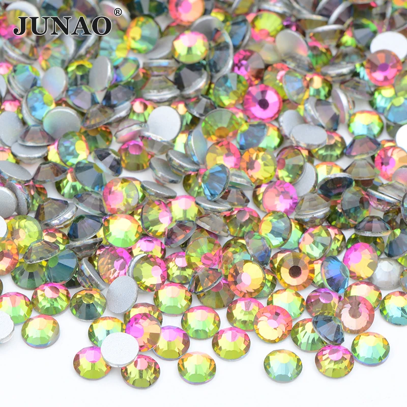 JUNAO SS 6 8 10 12 16 20 30 V.Lt.Siam AB Glass Rhinestone Applique Flat Back Nail Art Crystal Stone Round Strass Stickers