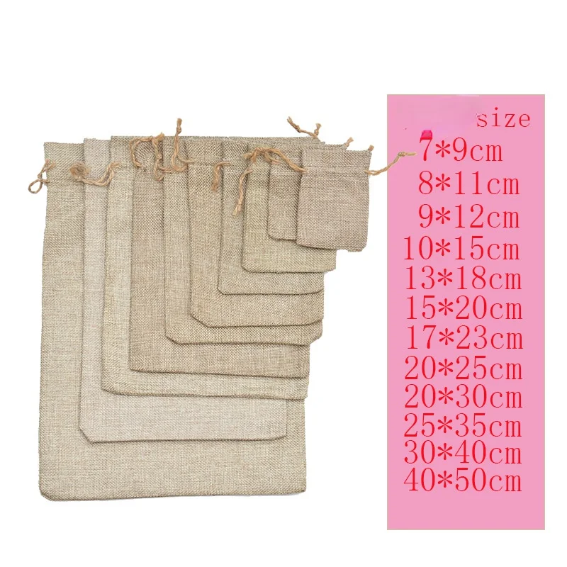 50pcs/lot Natural Burlap Linen Jute Drawstring Gift Bags Party Favors Packaging Bag Wedding Candy Gift Bags Party Supplies