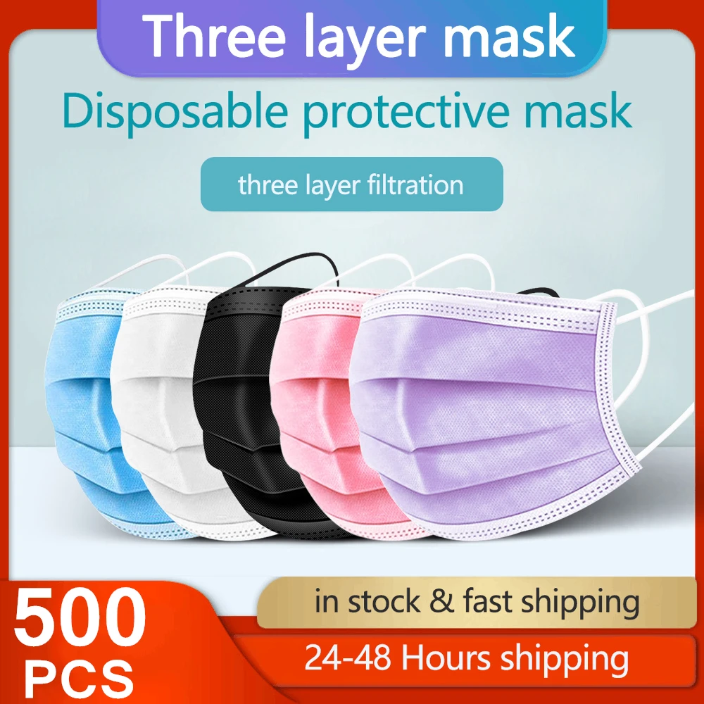 

500PCS New Colored Mask Disposable Non wove 3 Layer Ply Filter Mask mouth Face mask Breathable Earloops Masks Face Masks