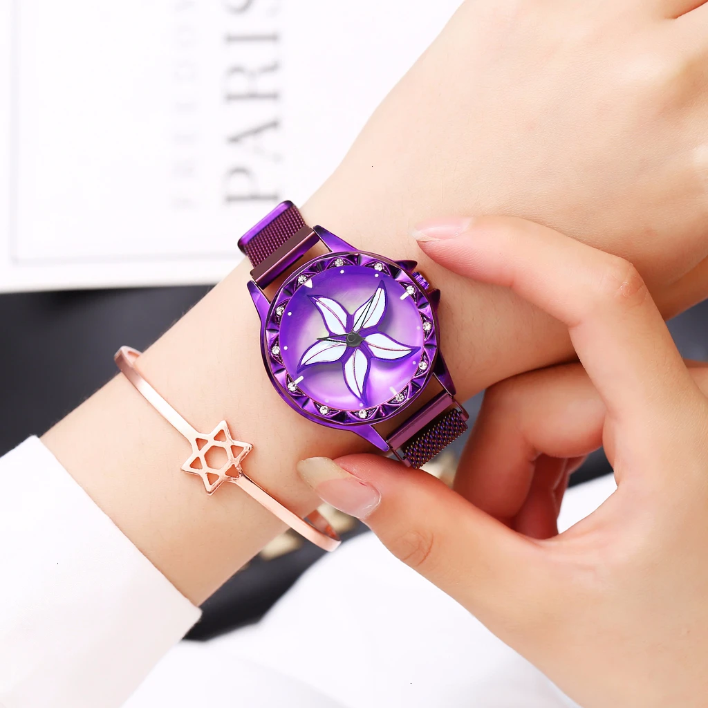 2020 Relogio Feminino Creative Rotating Flower Women\'s Watches Luxury Rose Gold Stainless Steel Quartz Watches Female Wristwatch