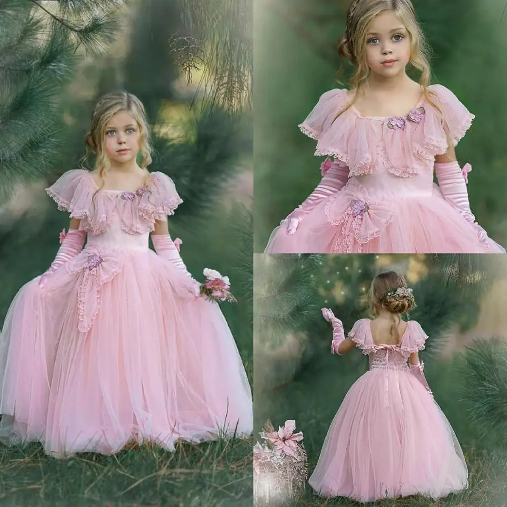 

Cute Pink Flower Girl Dresses With Gloves Cheap A Line Jewel Neck First Communion Dress Birthday Custom Made Prom Gowns Party