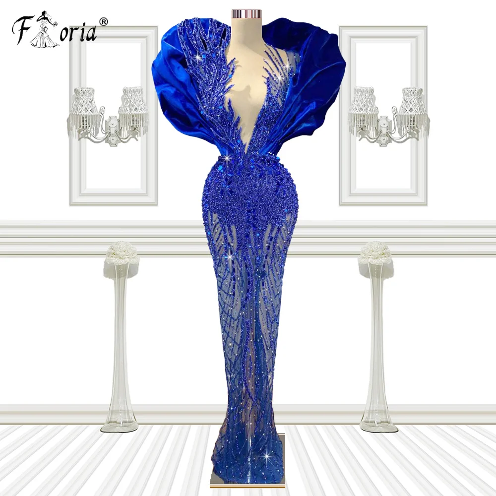 Vestido de noche con cuentas de encaje de sirena azul real para mujer, apliques 3D, volantes, largo hasta el suelo, vestido de graduación Formal para Dubai de lujo