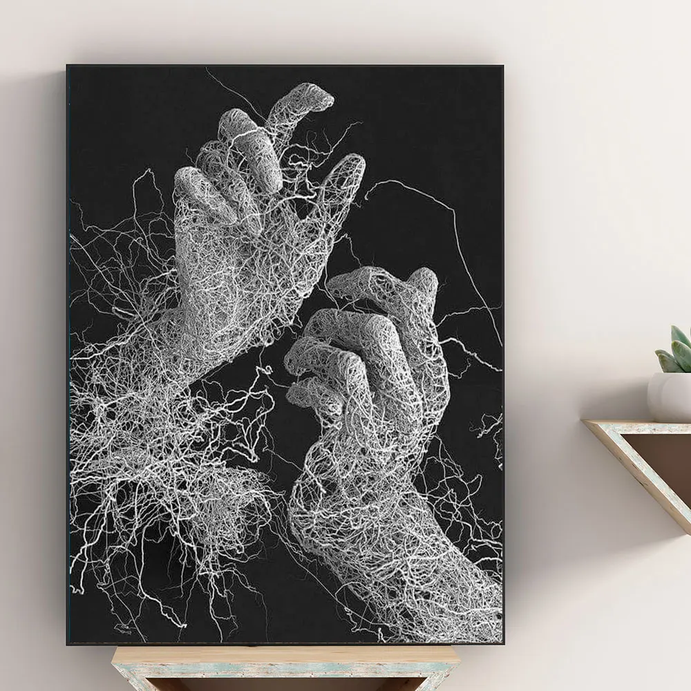 Imagen de rizoma de árbol blanco y negro, pintura en lienzo, decoración abstracta, pintura al óleo, póster, imagen artística de pared moderna para el hogar
