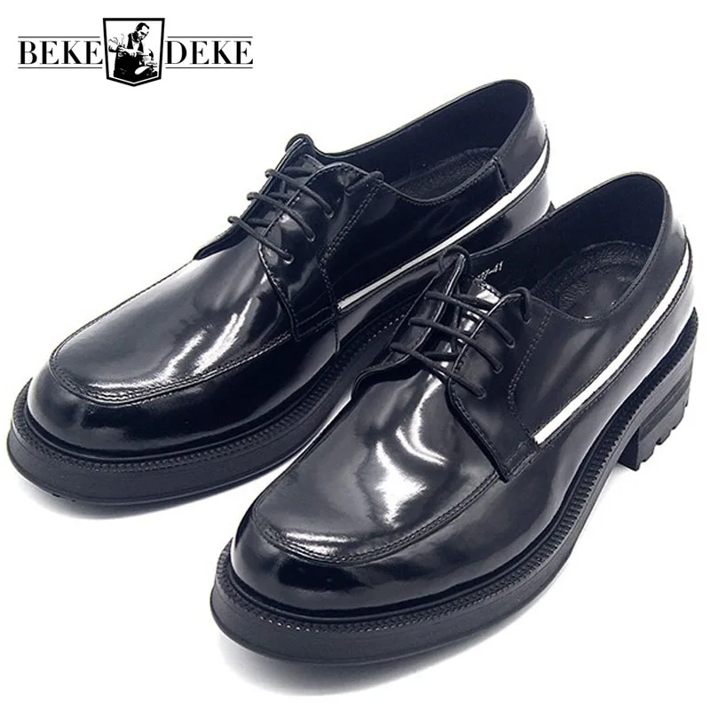 Brand Genuine Leather Shoes Men Cowhide Height Increasing White Striped Derby Male Shoes Office Wedding Black Dress Zapatos