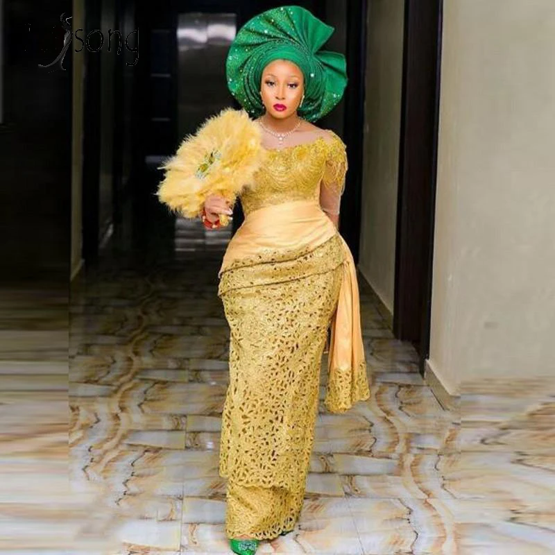 Vestido de noche de sirena de encaje dorado elegante para mujer, estilo Aso Ebi, vestidos de graduación nigerianos, largo hasta el suelo, vestidos de fiesta africanos personalizados