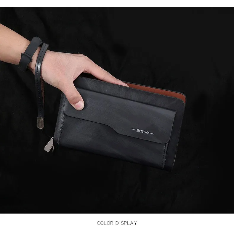 Men's Leather Wallet Luxury Brand Clutch Bag  Long Purse Double Zipper Money Clip Black Business Organizer Wallet Male Handy Bag