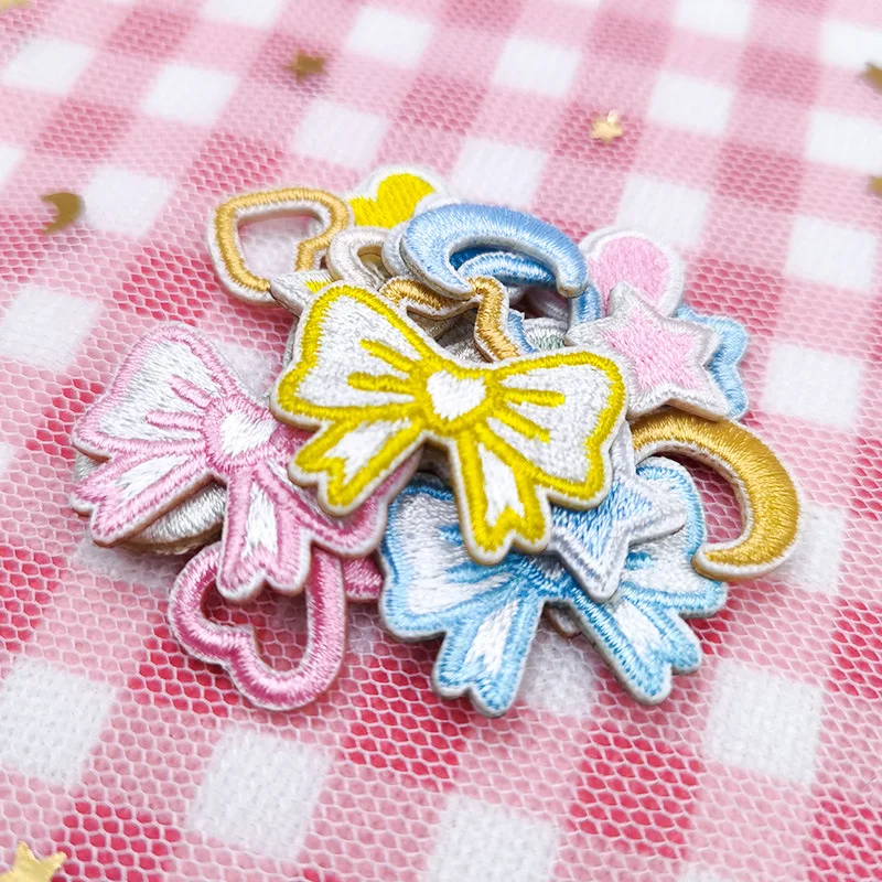 Sale Self-adhesive 10pcs Small Star Heart Bow Embroidery Patches for Clothing Iron on Clothes Jeans Sticker Applique Stripe Diy