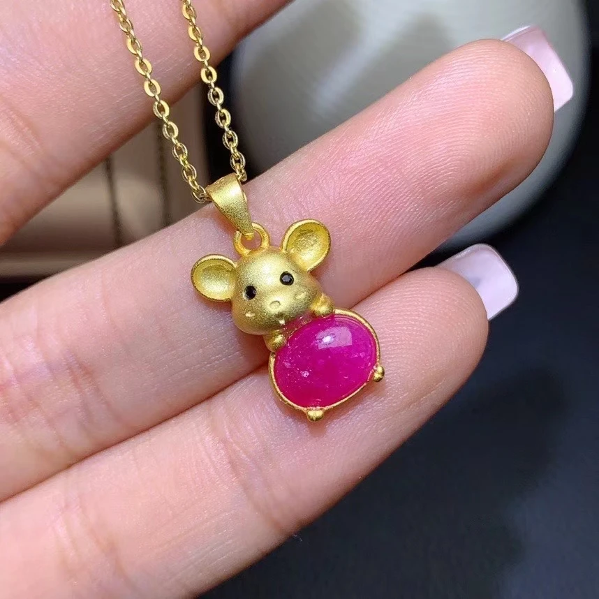 KJJEAXCMY fine jewelry 925 Sterling Silver inlaid natural ruby Women's fresh golden mouse faceted gem Pendant Necklace support d