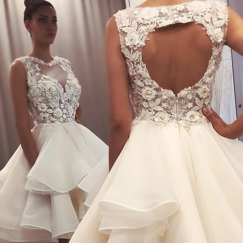 

New Short Lace Sleeveless Bridal Wedding Dresses Knee Length Illusion O Neck Bride Gown Cut Out Back Flowers Vestido De Novia