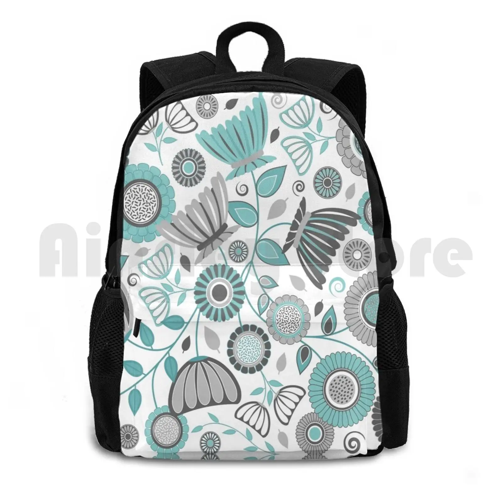 

Turquoise Modern Flower Design , Contemporary Gray Floral Print Outdoor Hiking Backpack Riding Climbing Sports Bag Turquoise
