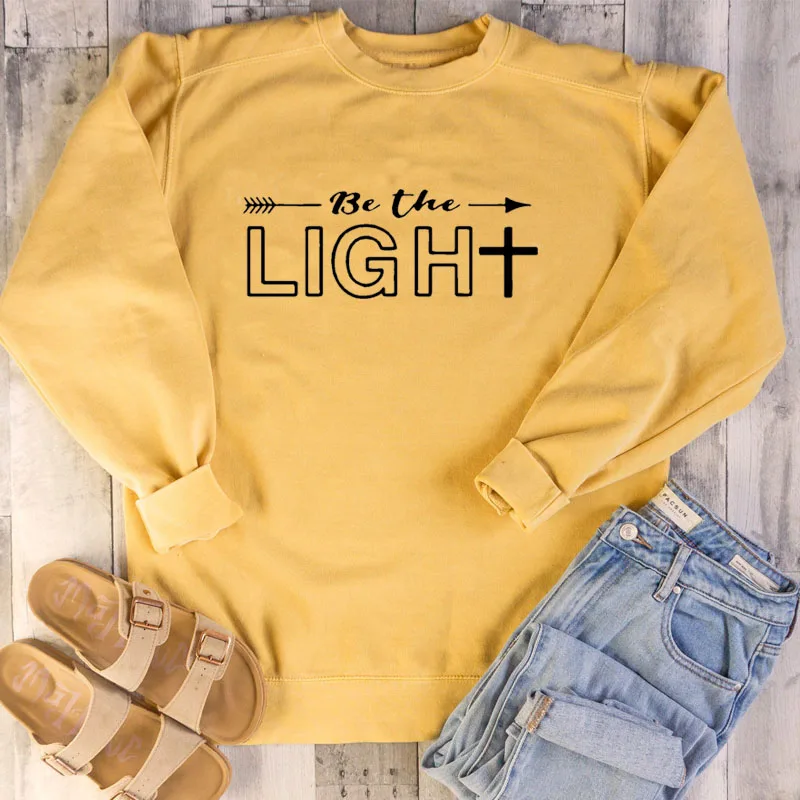 

Be The Light Arrow Printed Sweatshirt Casual 100% Cotton Graphic Hoodies Tumblr Slogan Christian Religious Clothing Crewneck top