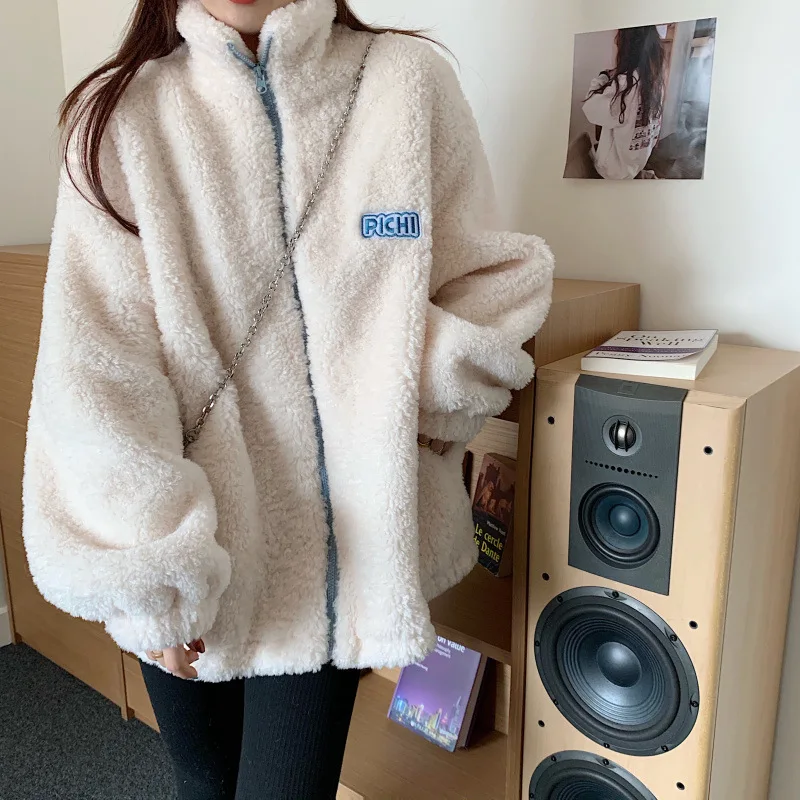 Women Hoodies Plus Velvet Zip-up Letter Long Sleeve Lambswool Oversize Soft Fashion Casual Korean Style Warm Fluffy Teddy Tops