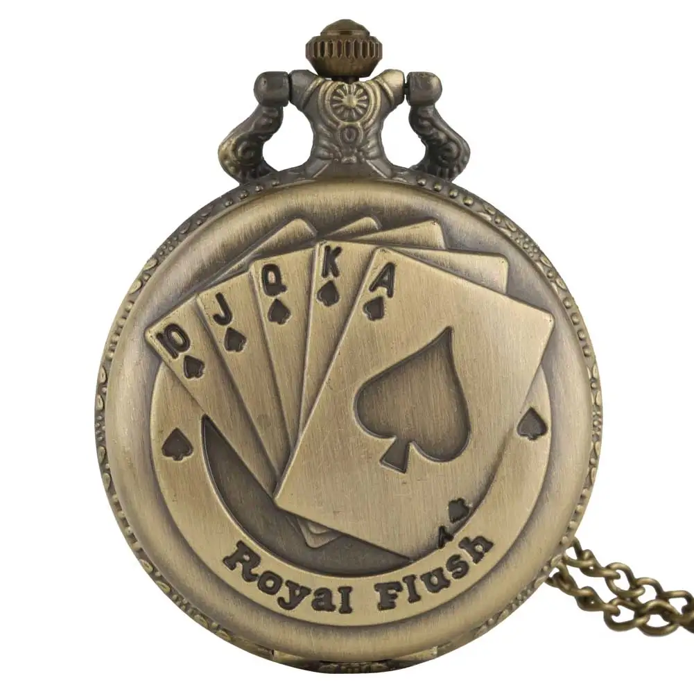 Bronze Flush Poker Cards Men Pocket Watch Classic Full Hunter Pendant Watches Women Necklace Chain Gift relogio de bolso