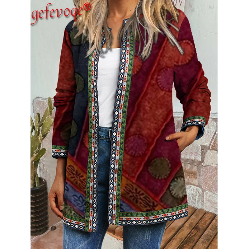 Y2K jesienno-zimowa w stylu Vintage w stylu etnicznym sweter z długim rękawem kurtki z nadrukiem damska luźna odzież płaszcz Harajuku elegancki topy
