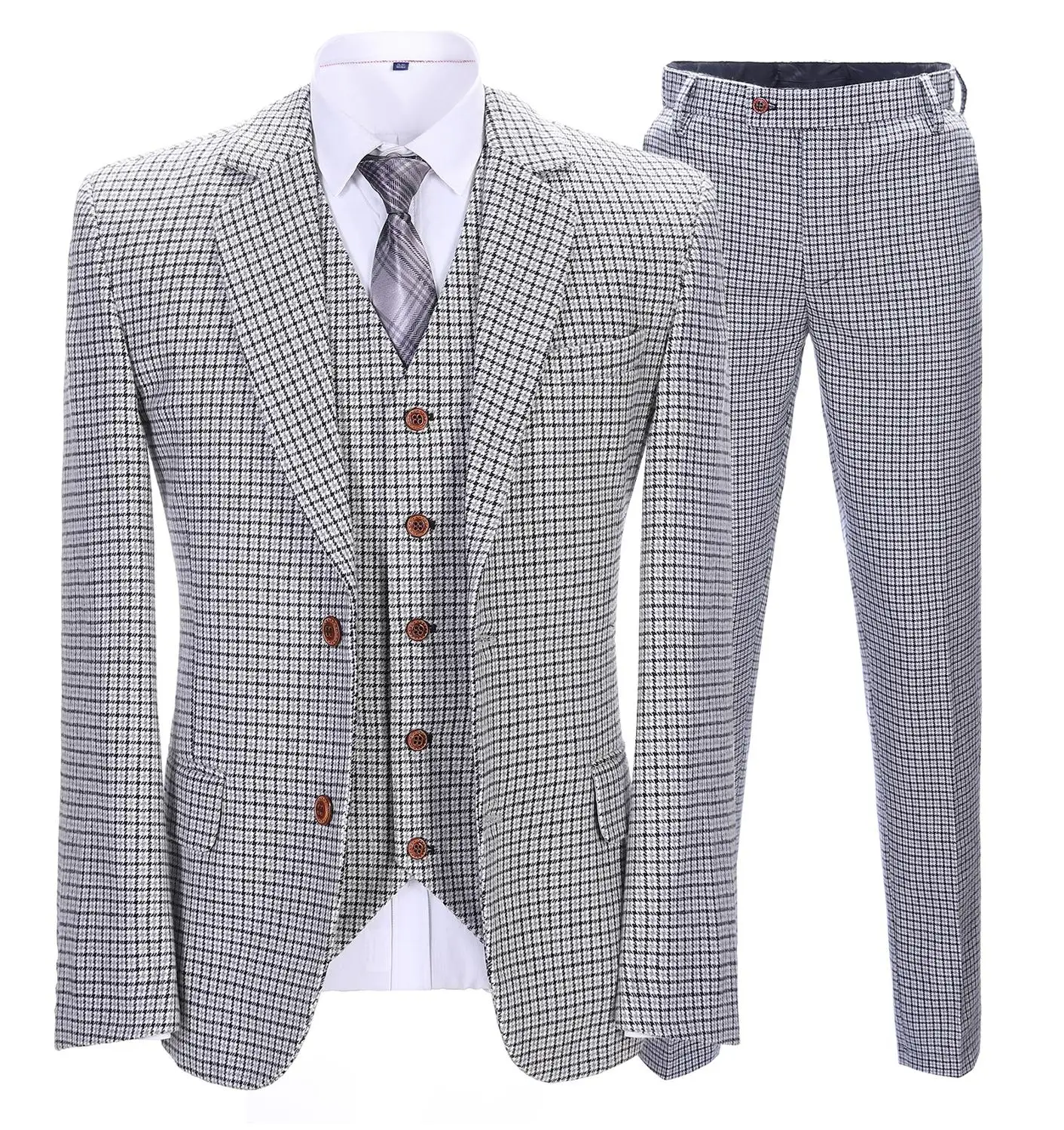 

3 Pieces Mens Suits Regular Fit Formal Notch Lapel Houndstooth Plaid Wool Tuxedos Groom For Prom Suits (Blazer+Vest+Pants)