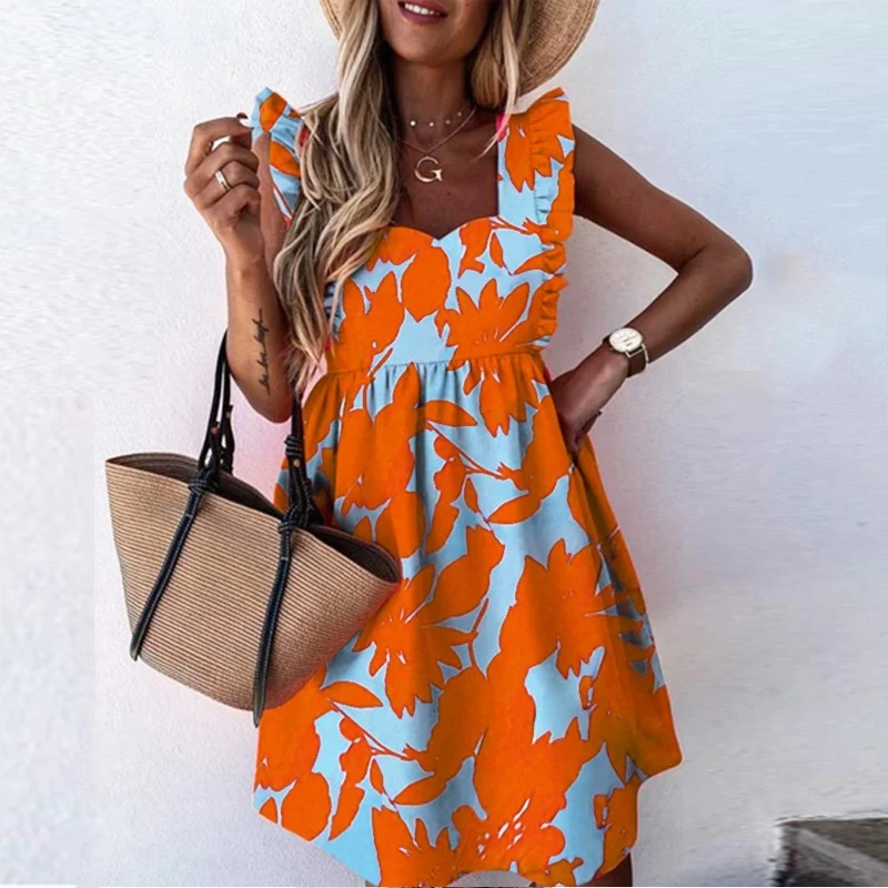 2023 New Square Collar Ruffles Dress Summer Sleeveless Floral Print Beach Dress Casual Butterfly Mini A-Line Sundress Vestidos