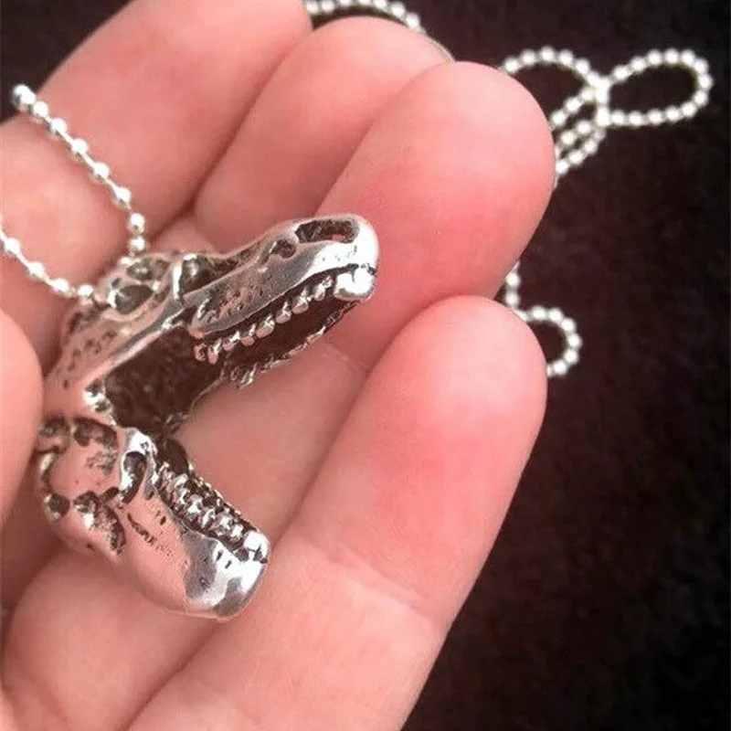 Handmade T-Rex Dinosaur Skull Pendant Long Necklace 24 Inch Chain T Rex Silver Plated/Key Ring