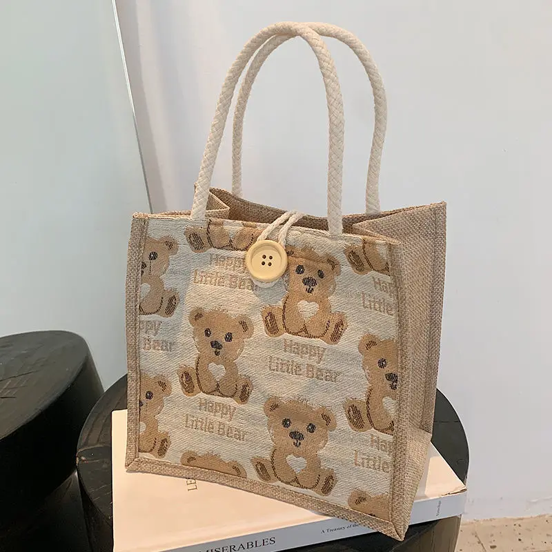 Lovely Women Handbags Cute Bear Pattern Shoulder Bag Girl Student Top Handle Bags Casual Lunch Bag Underarm Clutch Tote