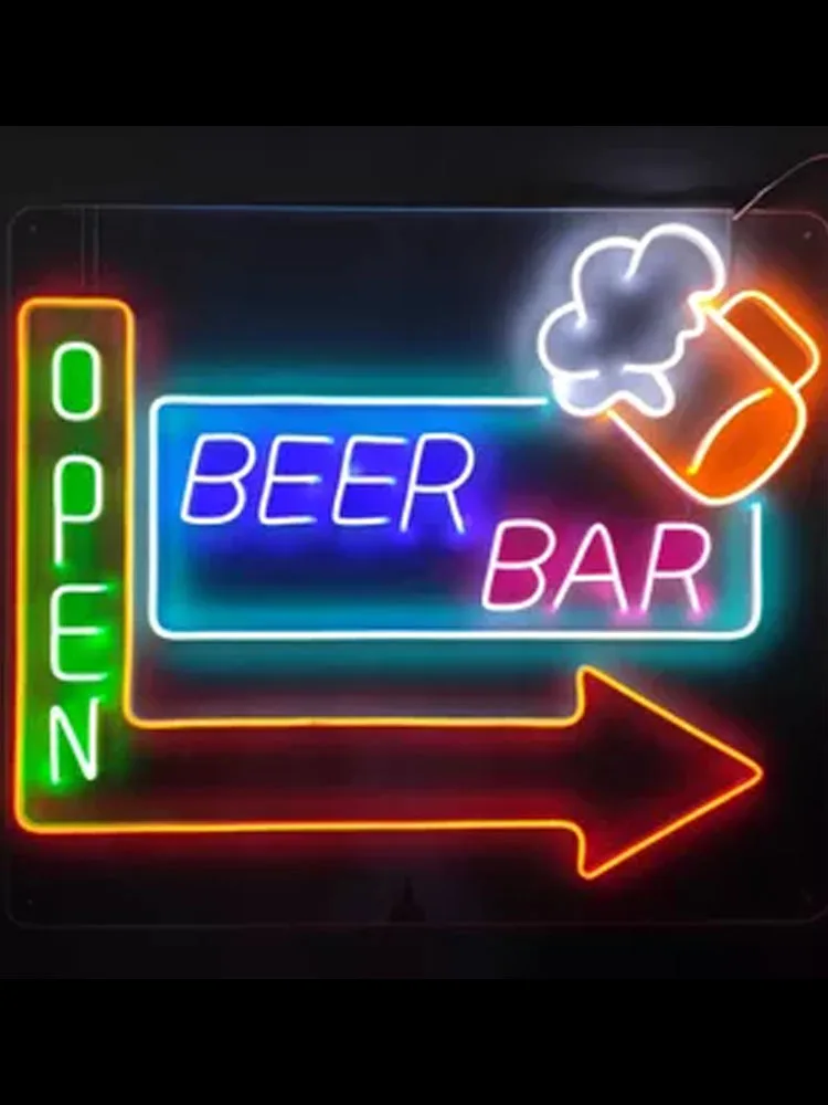 Neon Sign For Beer Bar Open with arrow light Beer Bar store decor window advertise custom LOGO free DESIGN Impact Attract light