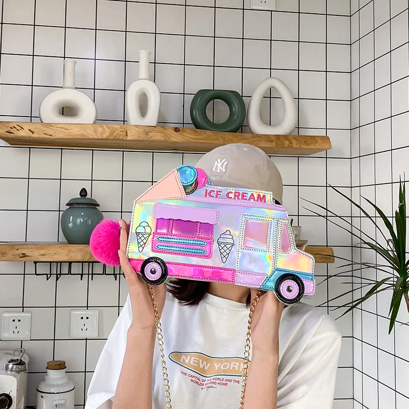 Ice Cream Car Shape Handbag for Women Personality Dazzling Laser Shoulder Bag Female Funny Messenger Bag Crossbody Chain Purse