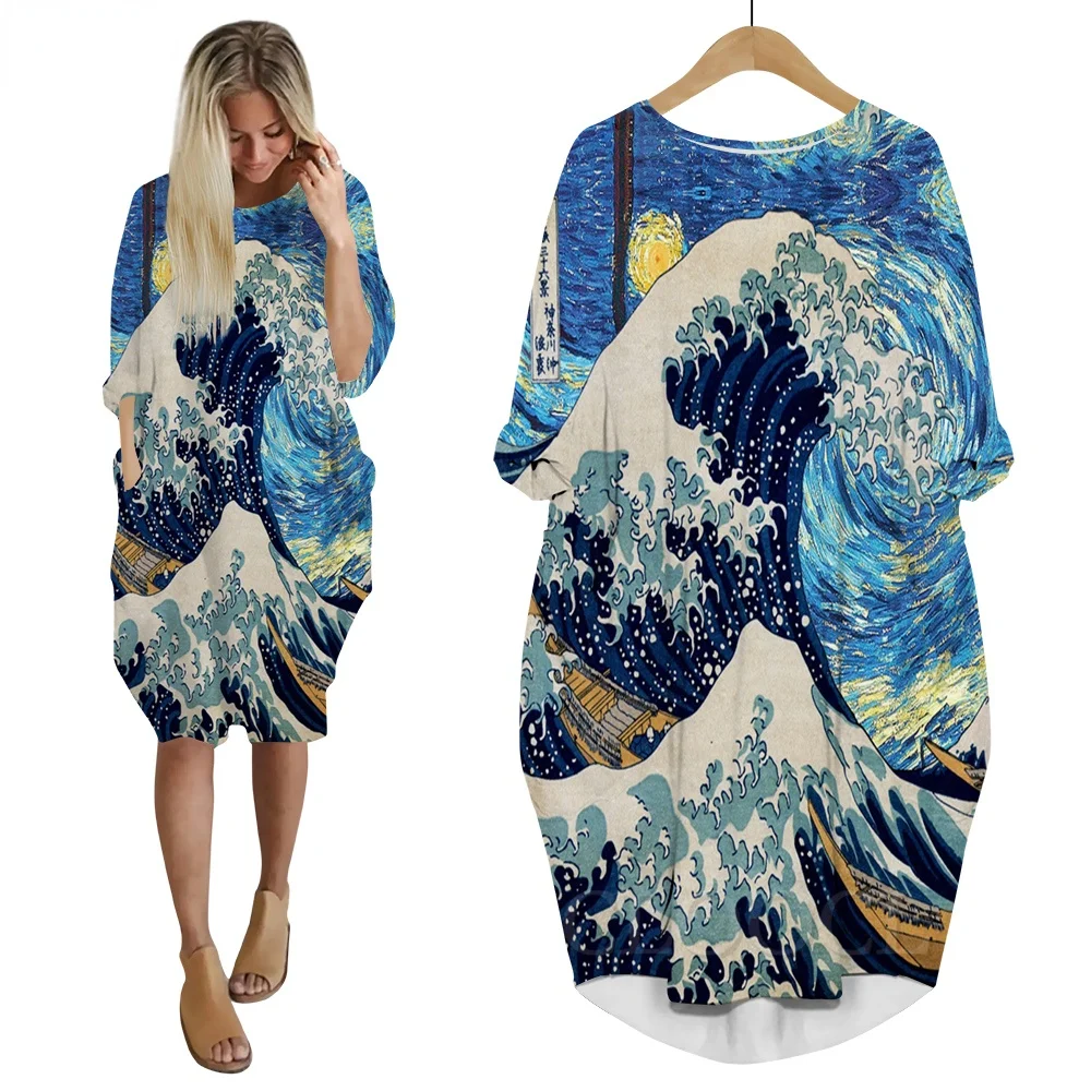 

CLOOCL Ukiyoe Kanagawa Surfing Dress 3D Printed Long Sleeve Skirts Fashion Female Streetwear Women Pocket Dress Dropshipping