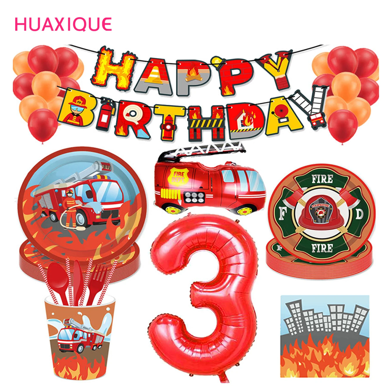 

Construction Vehicle Party Decor Tableware Cupcake Toppers Banners Boy Birthday Fire Truck Balloon Firefighter Party Supplies