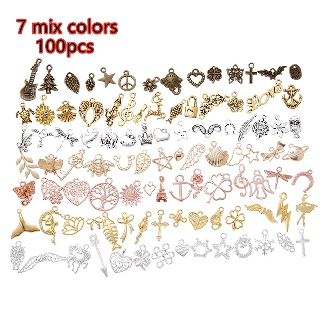 100pcs Mixed Styles Animal Heart Key Crown Charms