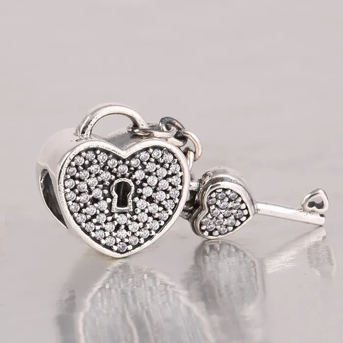 

Valentine's Day Lock Of Love Heart Charm Beads Fits Pandora Bracelets Authentic 925 Sterling Silver Pave Clear CZ Heart Bead