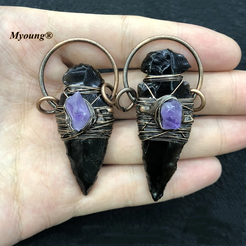 Wholesale Arrowhead Shape Obsidian Vintage Wiring Sone Pendant, BOHO Antique Amethysts Beads Embellished Necklace MY210534