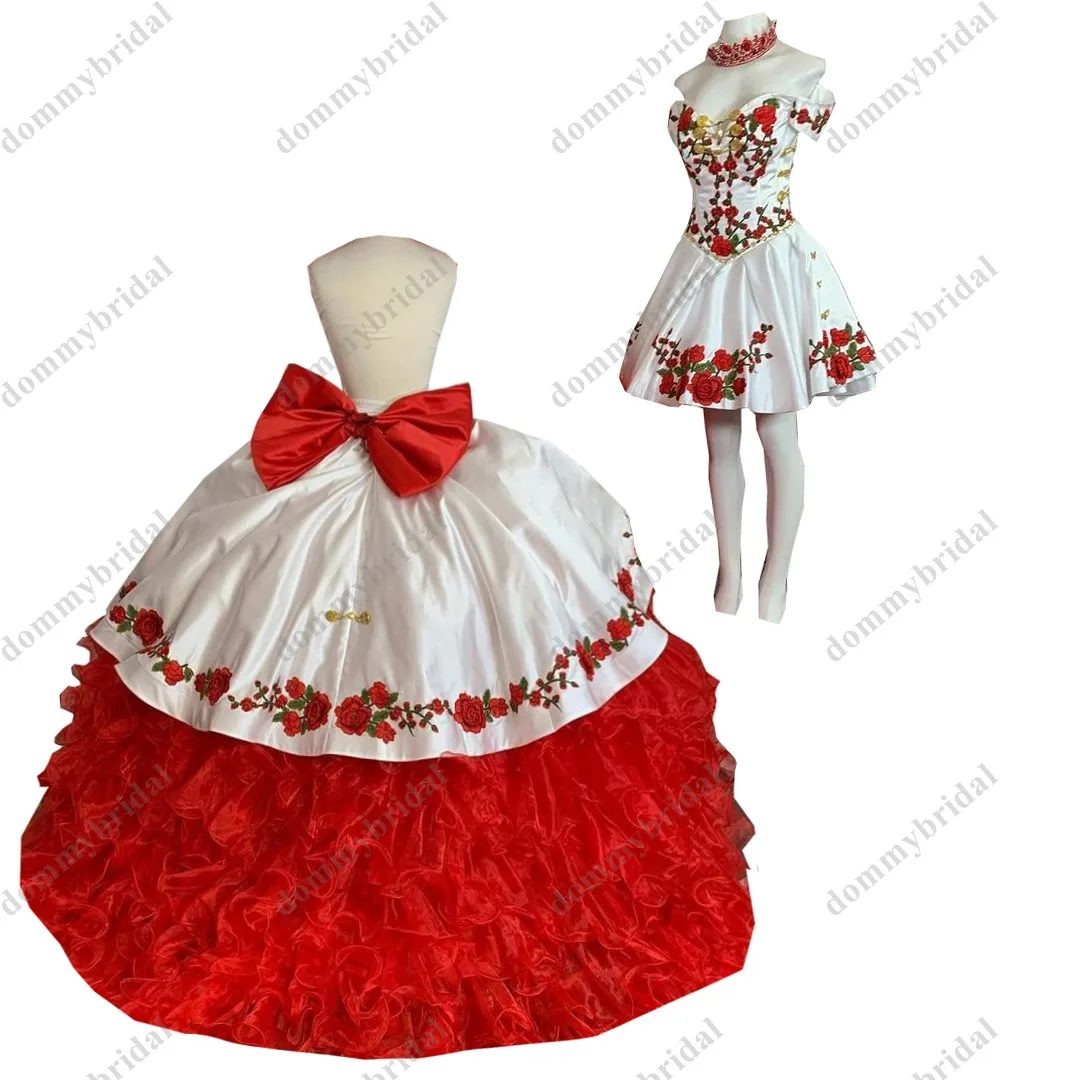 2023 Modest Red and White 2 in 1 Puffy Ball Gown Quinceanera Dresses Gold Buttons Floral Flowers Two Piece Prom Party Dress XV