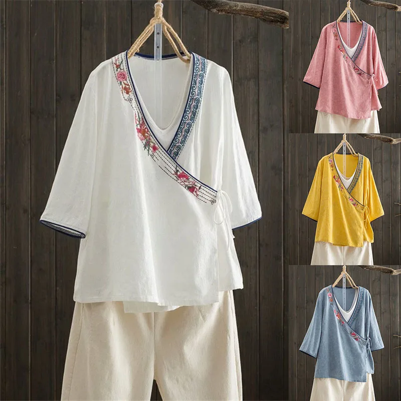 

Women Japanese Style Kimono Traditional Embroidered V-Neck Cardigan Soft Casual Clothes Loose Solid Color Cotton and Linen Top