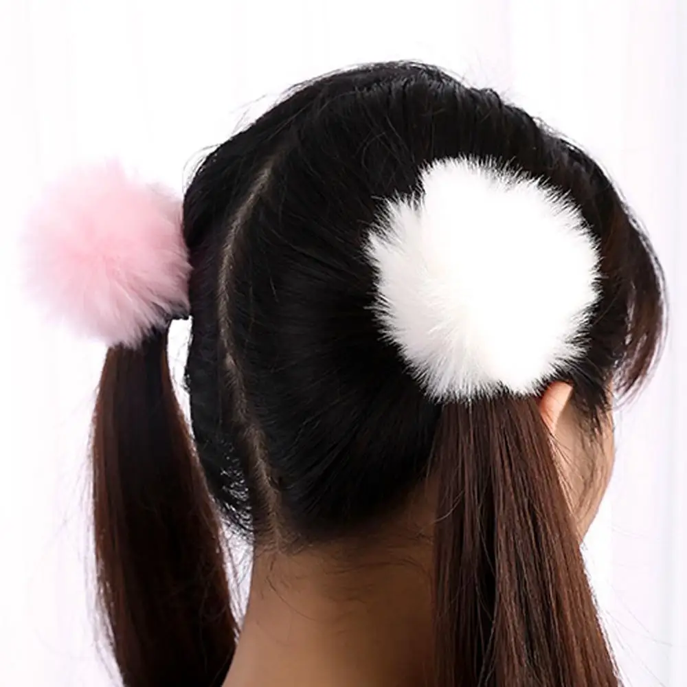 Furling Girl 15 Colors Fluffy Faux Rabbit Fur Pompoms Hair Elastic Hairbands Handmade Ball Hair Accessories Hair Rope for Ladies