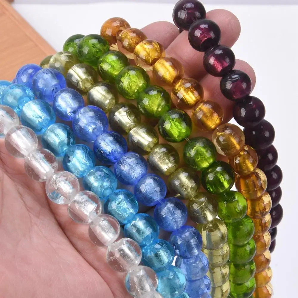 10pcs Round 8mm 10mm 12mm Foil Lampwork Glass Loose Beads for DIY Crafts Jewelry Making Findings